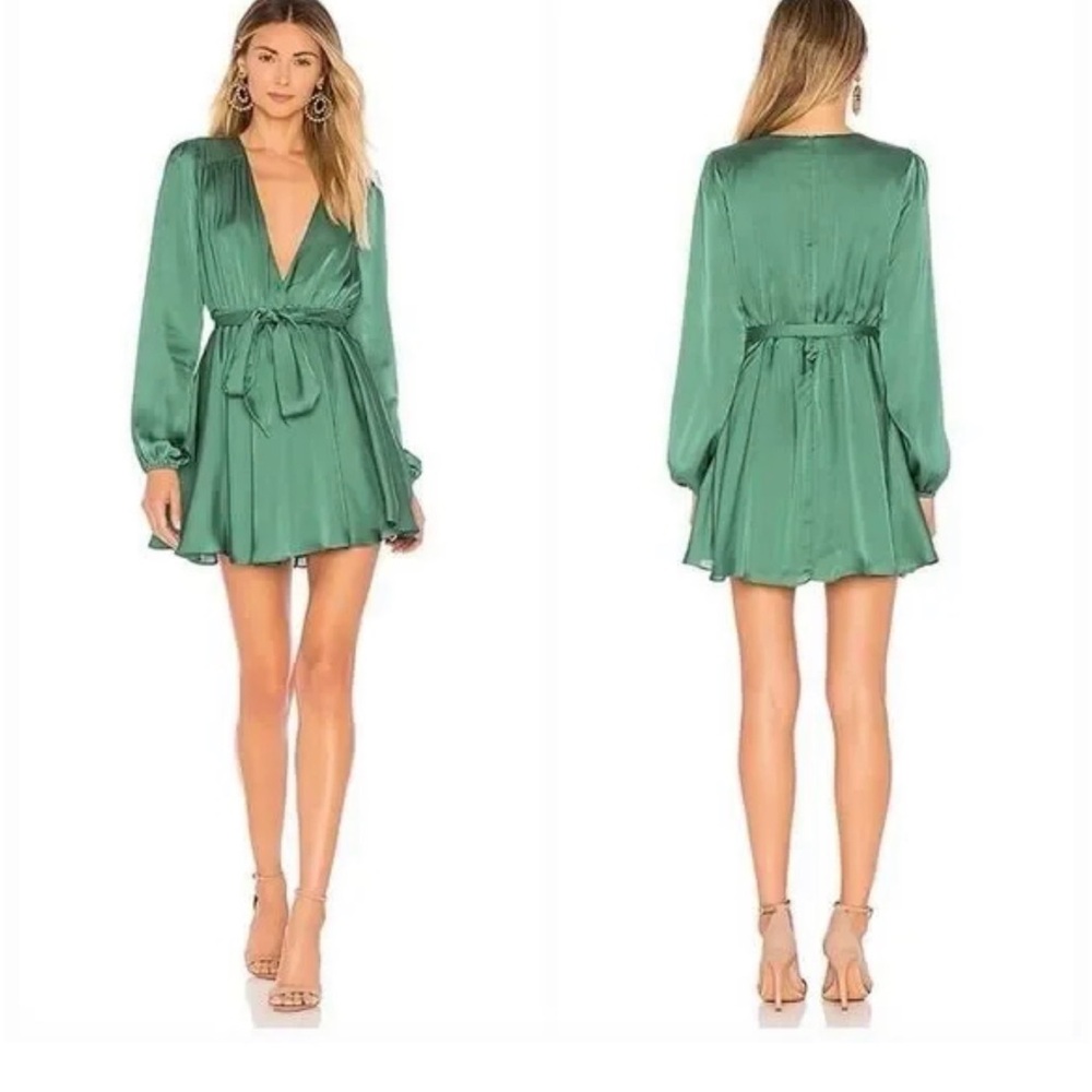 Lovers & Friends Green Long-Sleeve Tie-Waist Mini Dress